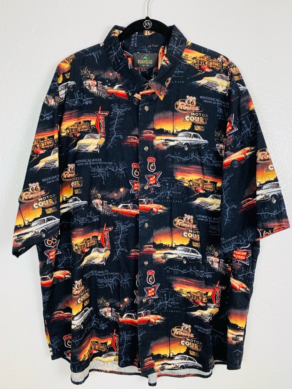 RedHead Mens Button Down Camp Shirt 3X Black Route 66 Classic Car Map Print